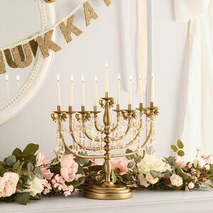 LoveShackFancy Crystal Bow Menorah Gold Hanukah Holiday Candle Holder Decor NIB